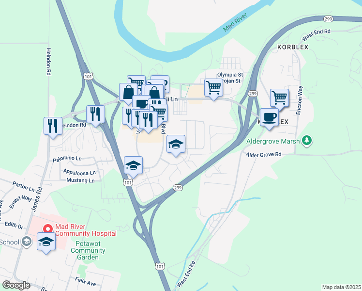 map of restaurants, bars, coffee shops, grocery stores, and more near 1282 Cedar Drive in Arcata