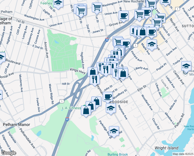 map of restaurants, bars, coffee shops, grocery stores, and more near 813 Main Street in New Rochelle