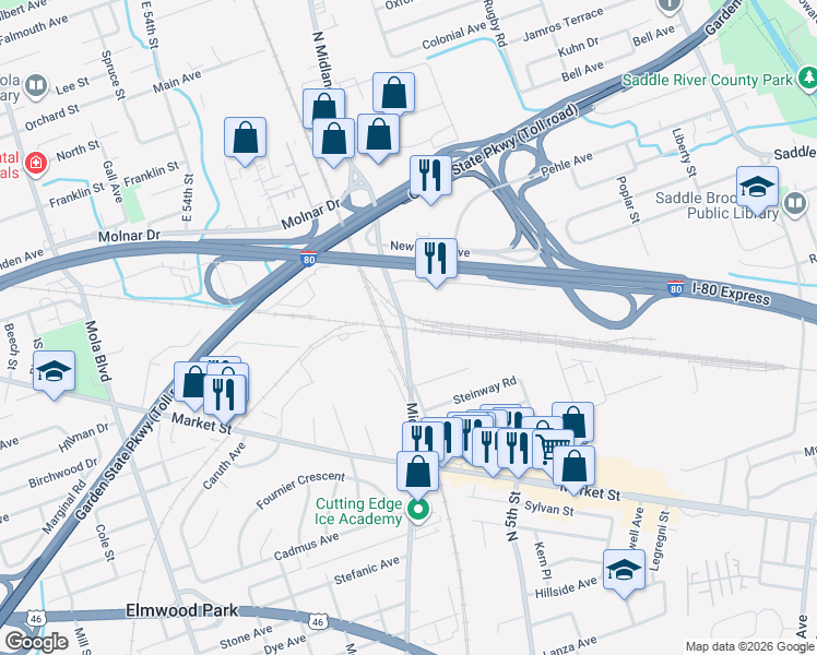 map of restaurants, bars, coffee shops, grocery stores, and more near 115 County Road 67 in Saddle Brook