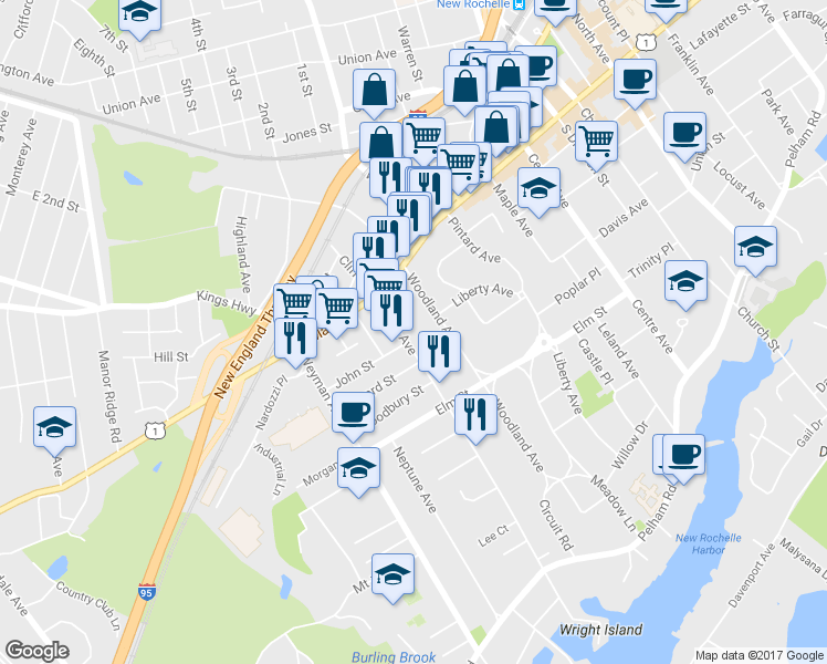 map of restaurants, bars, coffee shops, grocery stores, and more near 42 Drake Avenue in New Rochelle