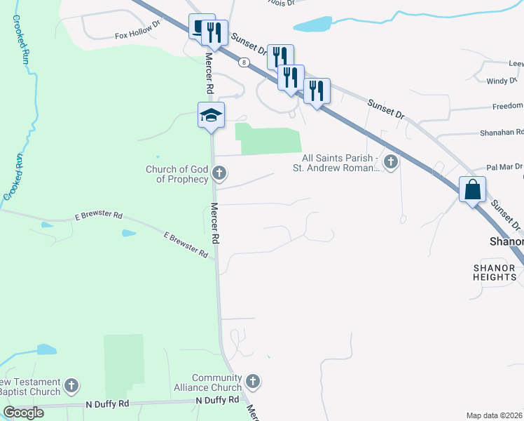 map of restaurants, bars, coffee shops, grocery stores, and more near 116 Margate Drive in Butler