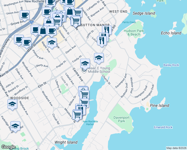 map of restaurants, bars, coffee shops, grocery stores, and more near 230 Pelham Road in New Rochelle