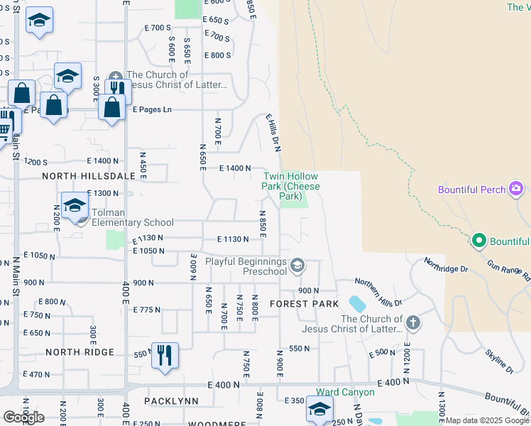 map of restaurants, bars, coffee shops, grocery stores, and more near 1212 North 850 East in Bountiful