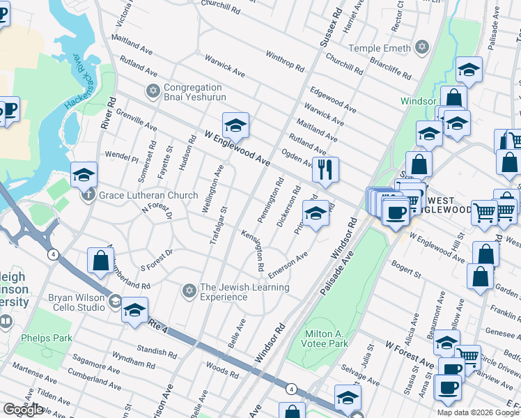 map of restaurants, bars, coffee shops, grocery stores, and more near 1308 Pennington Road in Teaneck