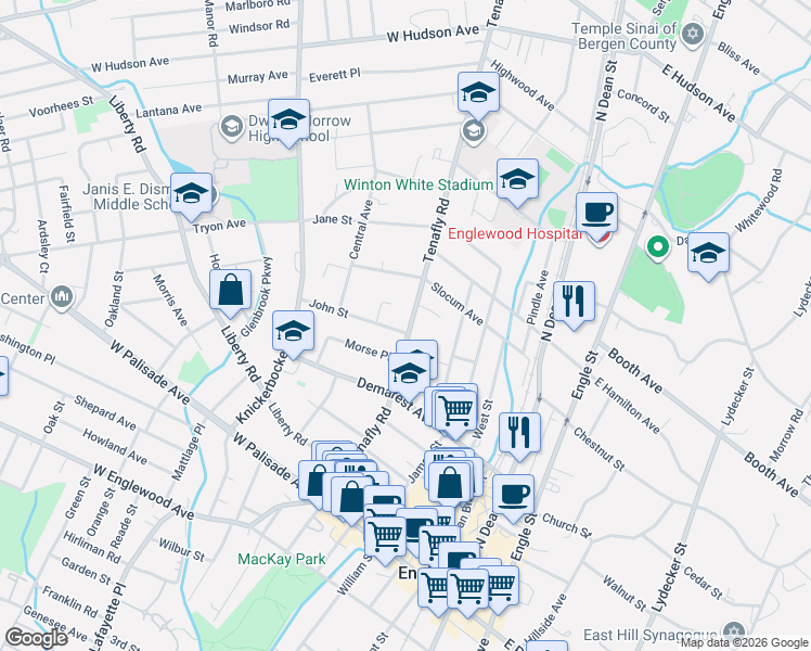 map of restaurants, bars, coffee shops, grocery stores, and more near 131 John Street in Englewood
