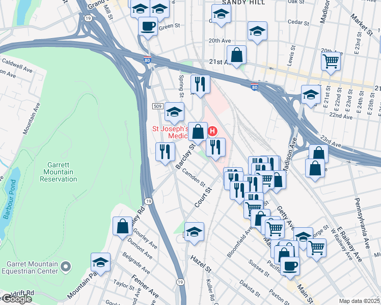 map of restaurants, bars, coffee shops, grocery stores, and more near 152 Barclay Street in Paterson