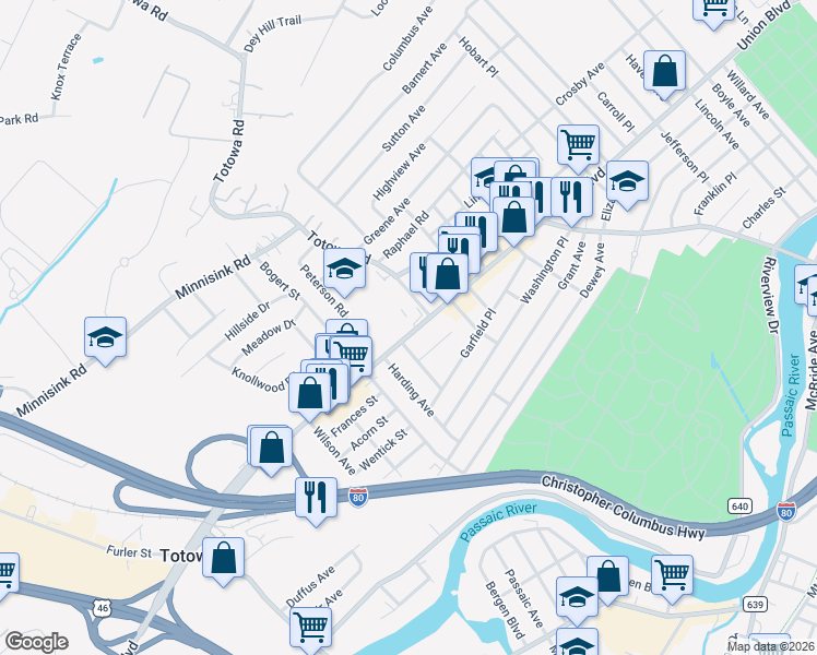 map of restaurants, bars, coffee shops, grocery stores, and more near 515 Union Boulevard in Totowa