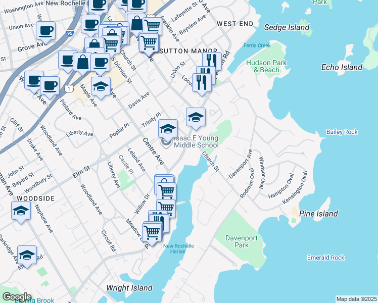 map of restaurants, bars, coffee shops, grocery stores, and more near 220 Pelham Road in New Rochelle