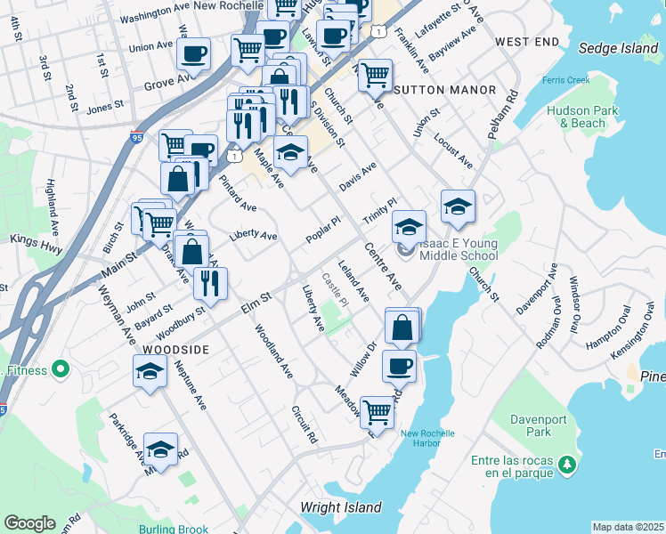 map of restaurants, bars, coffee shops, grocery stores, and more near 29 Castle Place in New Rochelle