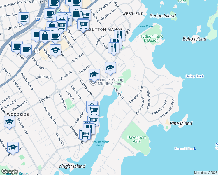 map of restaurants, bars, coffee shops, grocery stores, and more near 210 Pelham Road in New Rochelle