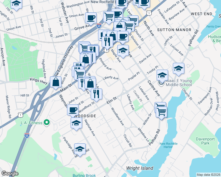 map of restaurants, bars, coffee shops, grocery stores, and more near 34 Linden Place in New Rochelle