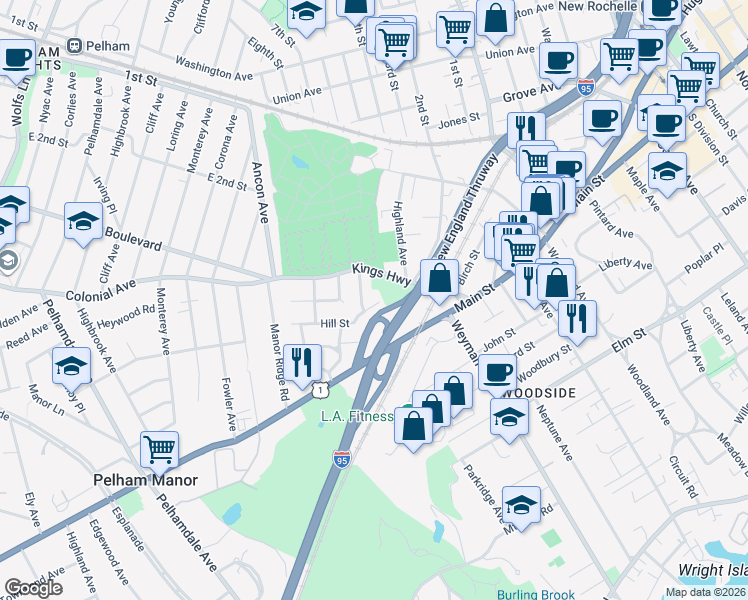 map of restaurants, bars, coffee shops, grocery stores, and more near 1 Hill Street in New Rochelle