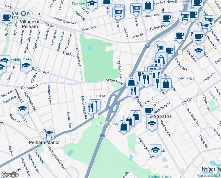 map of restaurants, bars, coffee shops, grocery stores, and more near 1 Hill Street in New Rochelle