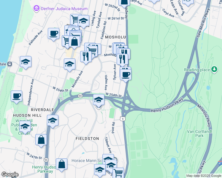 map of restaurants, bars, coffee shops, grocery stores, and more near 5427 Sylvan Avenue in Bronx