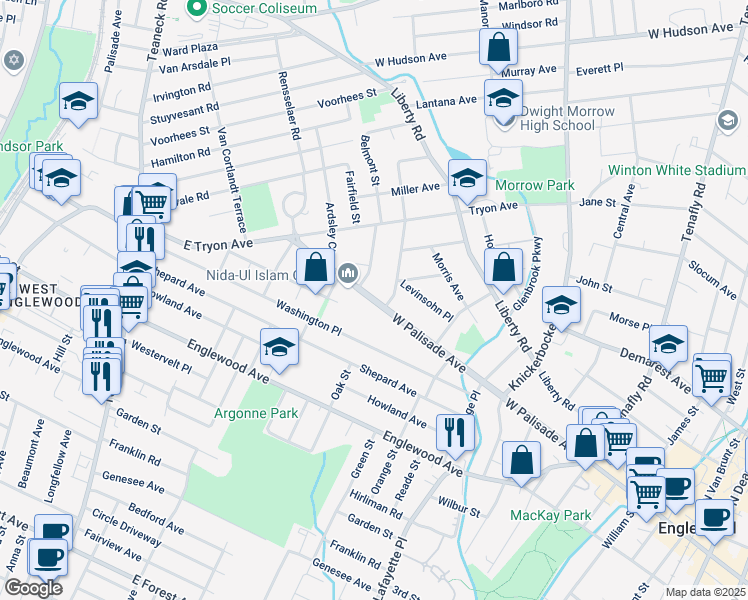 map of restaurants, bars, coffee shops, grocery stores, and more near 377 West Palisade Avenue in Englewood