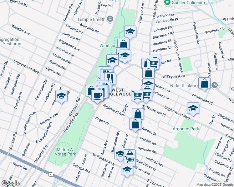 map of restaurants, bars, coffee shops, grocery stores, and more near 131 Ayers Court in Teaneck