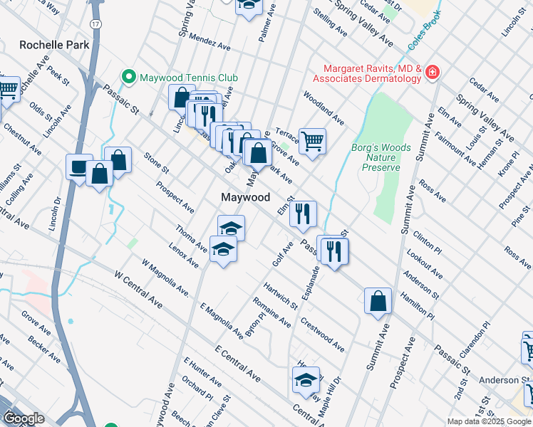 map of restaurants, bars, coffee shops, grocery stores, and more near in Maywood