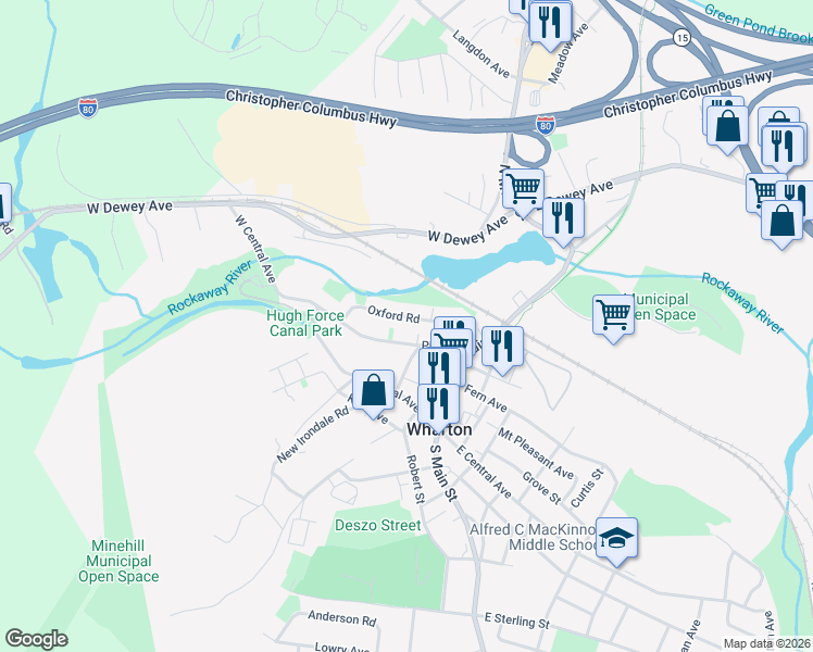 map of restaurants, bars, coffee shops, grocery stores, and more near 27 Oxford Drive in Wharton