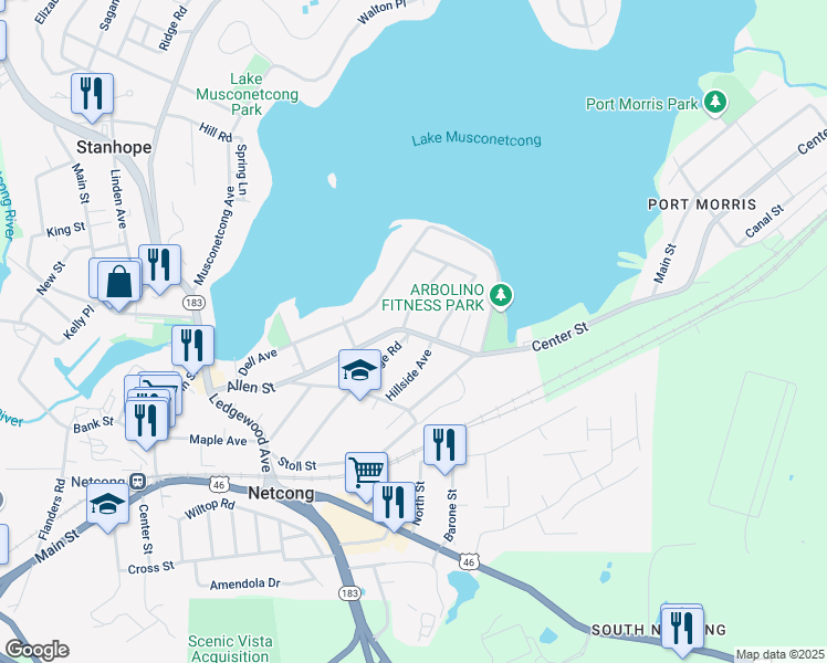 map of restaurants, bars, coffee shops, grocery stores, and more near 1A Kings Road in Netcong