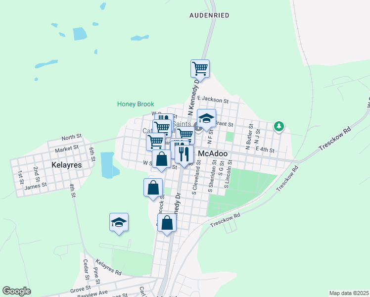 map of restaurants, bars, coffee shops, grocery stores, and more near 22 East Blaine Street in McAdoo