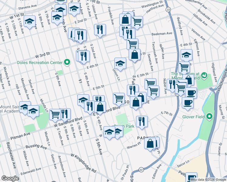 map of restaurants, bars, coffee shops, grocery stores, and more near 421 South 1st Avenue in Mount Vernon