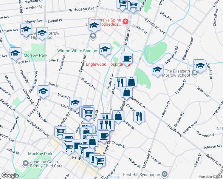 map of restaurants, bars, coffee shops, grocery stores, and more near 1 West Hamilton Avenue in Englewood