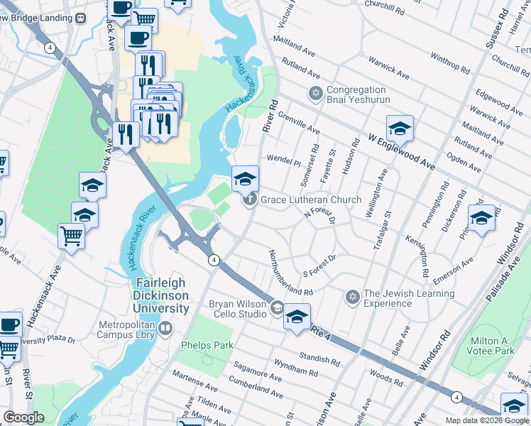 map of restaurants, bars, coffee shops, grocery stores, and more near 692 Sunderland Road in Teaneck