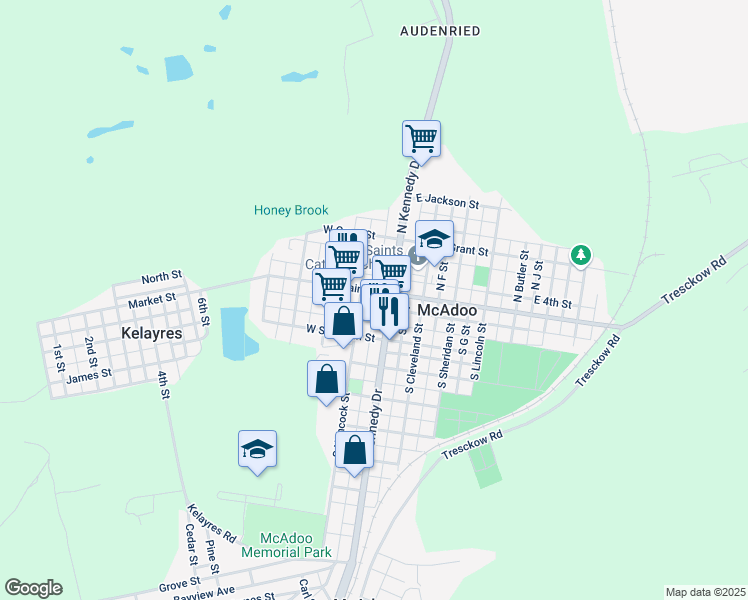 map of restaurants, bars, coffee shops, grocery stores, and more near 28 W Blaine St in McAdoo