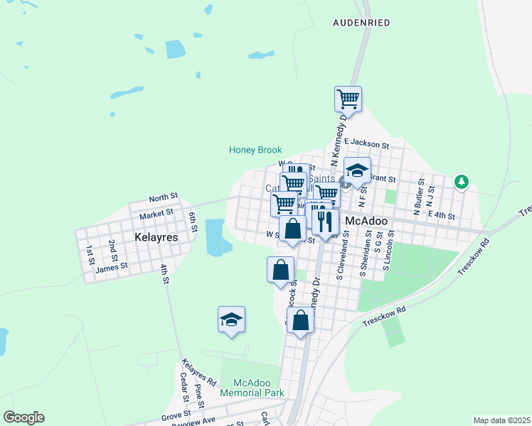map of restaurants, bars, coffee shops, grocery stores, and more near 17 S Logan St in McAdoo