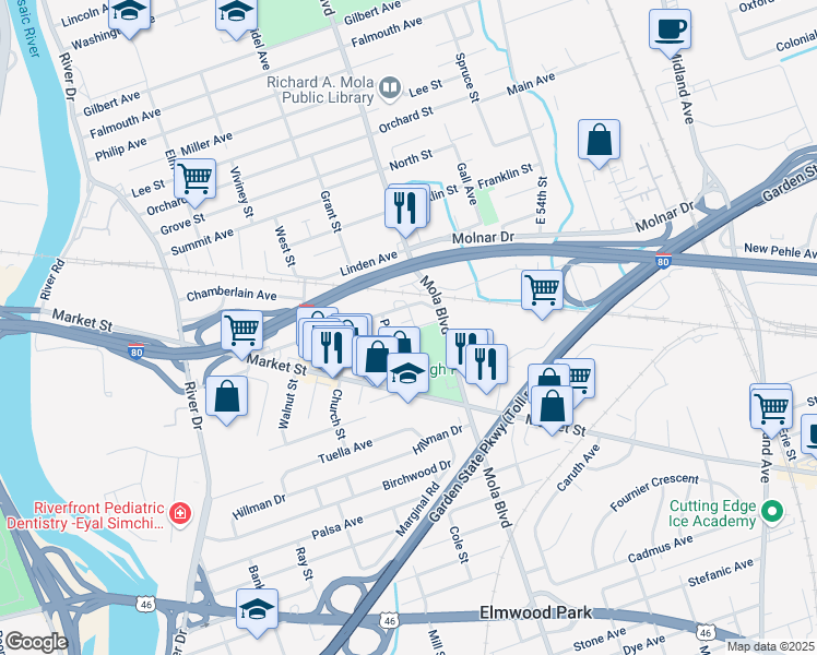 map of restaurants, bars, coffee shops, grocery stores, and more near 10 Veterans Place in Elmwood Park