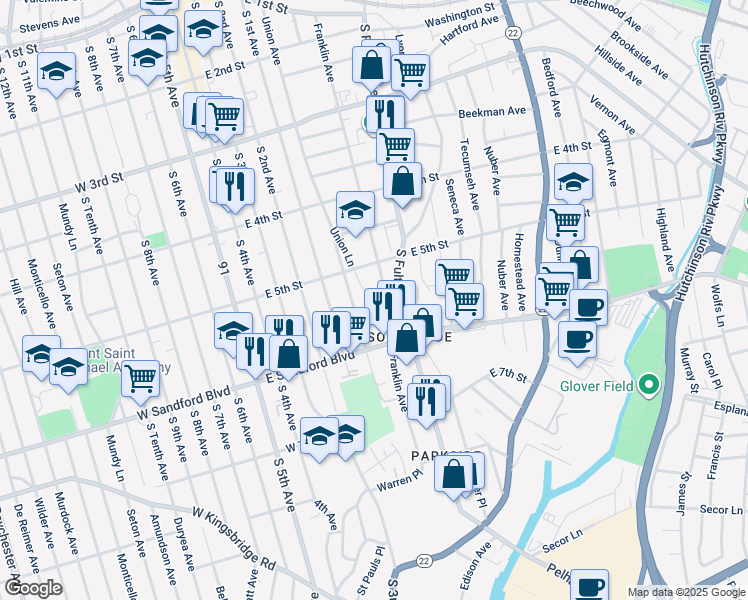 map of restaurants, bars, coffee shops, grocery stores, and more near 434 Franklin Avenue in Mount Vernon
