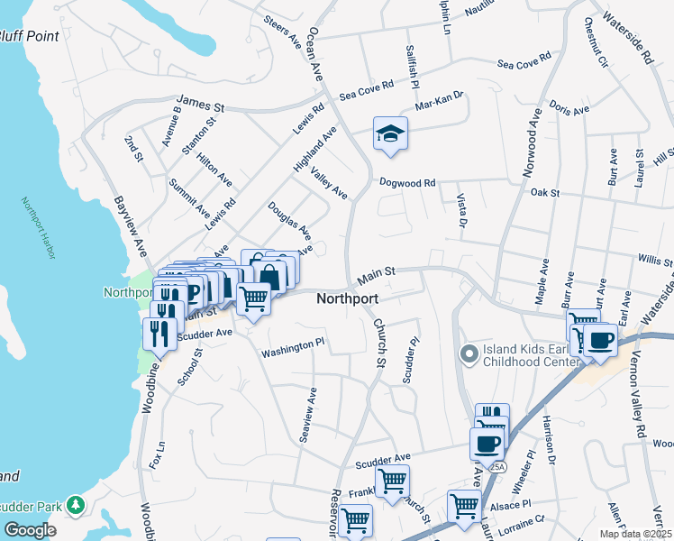 map of restaurants, bars, coffee shops, grocery stores, and more near 5 Ocean Avenue in Northport