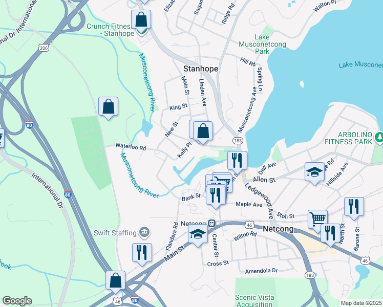 map of restaurants, bars, coffee shops, grocery stores, and more near 40 Canal Street in Stanhope