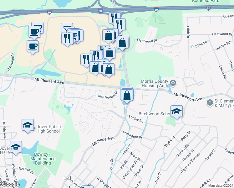 map of restaurants, bars, coffee shops, grocery stores, and more near 1 Heritage Way in Rockaway