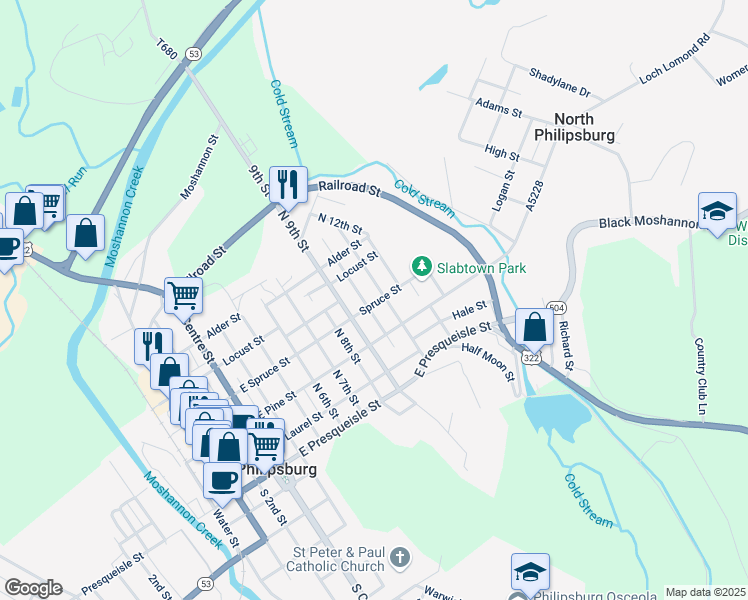 map of restaurants, bars, coffee shops, grocery stores, and more near 1001 Spruce Street in Philipsburg