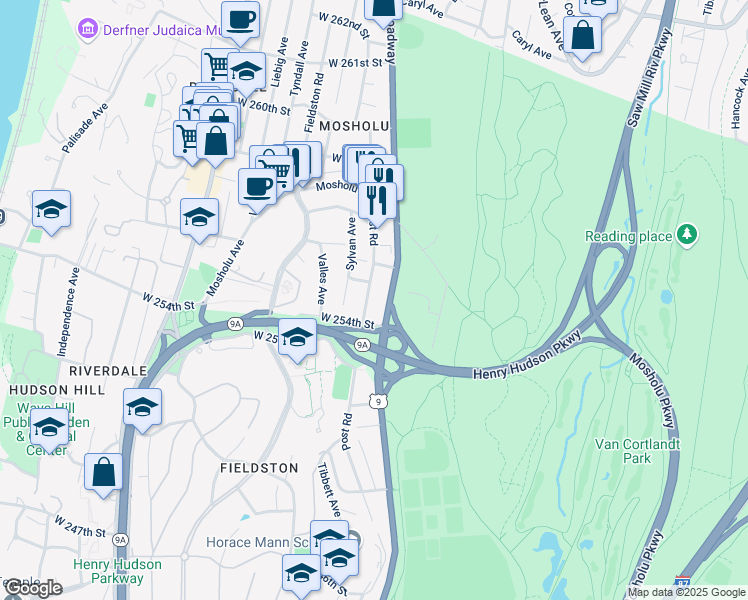 map of restaurants, bars, coffee shops, grocery stores, and more near 5424 Post Road in The Bronx