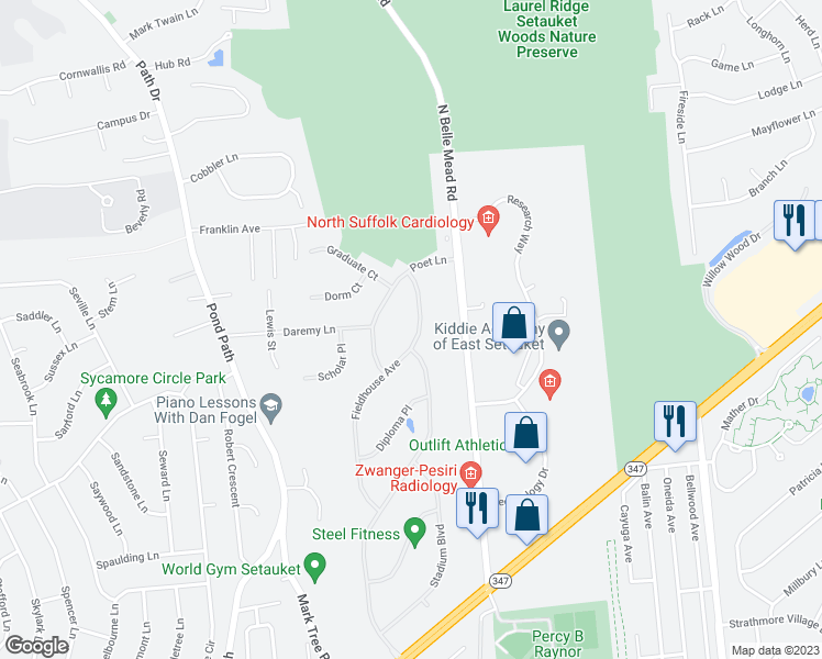 map of restaurants, bars, coffee shops, grocery stores, and more near 36 Field House Avenue in Setauket- East Setauket
