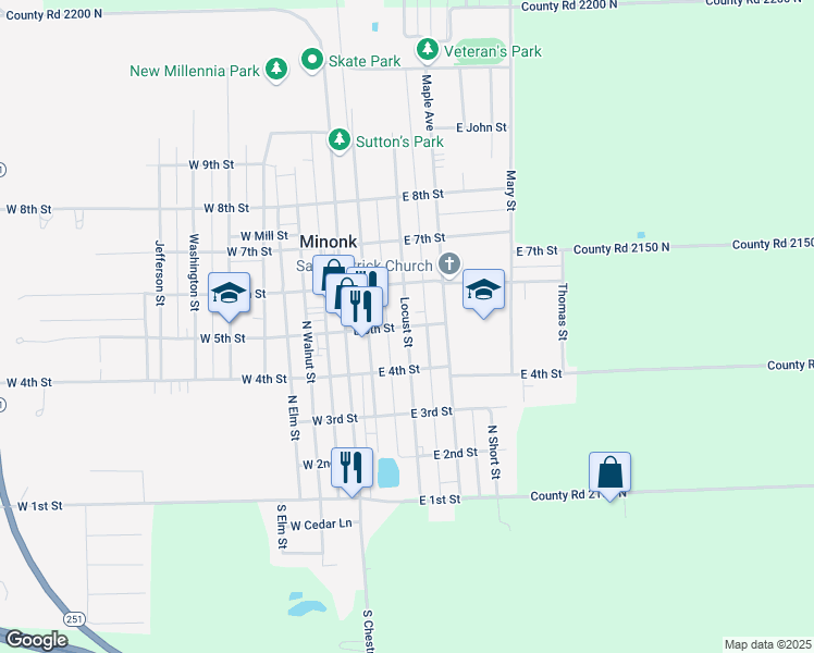map of restaurants, bars, coffee shops, grocery stores, and more near 312 East 5th Street in Minonk