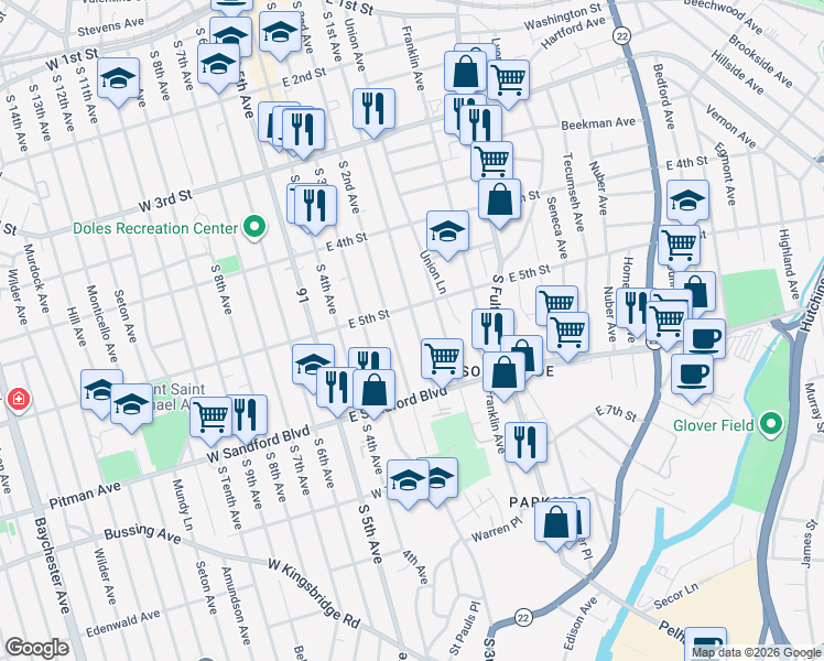 map of restaurants, bars, coffee shops, grocery stores, and more near 419 South 1st Avenue in Mount Vernon