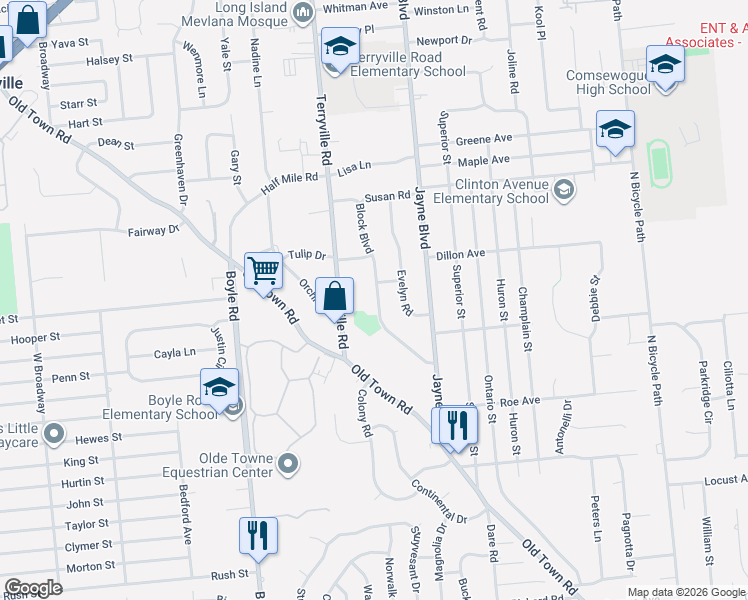 map of restaurants, bars, coffee shops, grocery stores, and more near 24 Block Boulevard in Port Jefferson Station