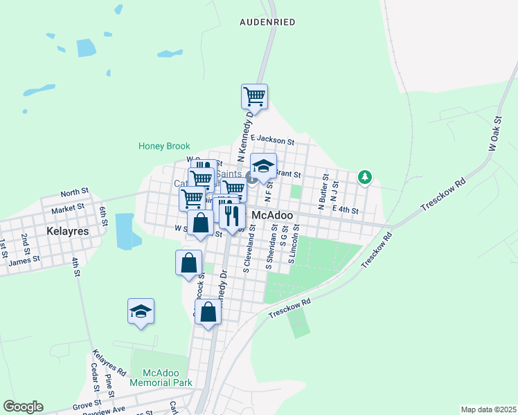 map of restaurants, bars, coffee shops, grocery stores, and more near 117 East Blaine Street in McAdoo