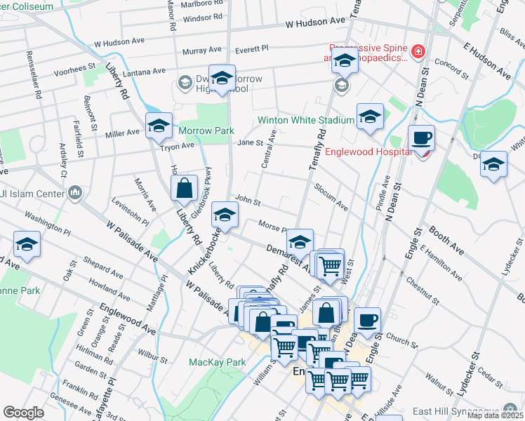map of restaurants, bars, coffee shops, grocery stores, and more near 164 John St in Englewood