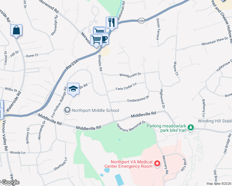 map of restaurants, bars, coffee shops, grocery stores, and more near 8 Twin Cedar Lane in Northport