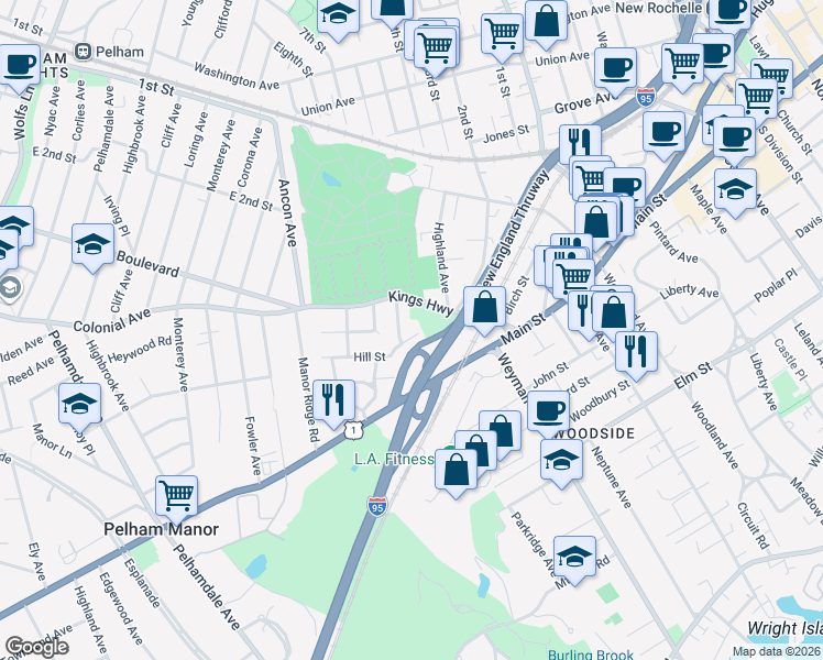 map of restaurants, bars, coffee shops, grocery stores, and more near 1 Hill Street in New Rochelle