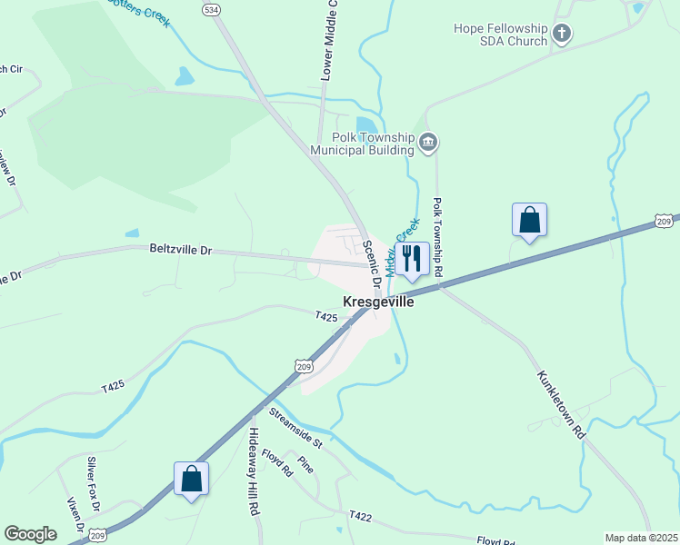map of restaurants, bars, coffee shops, grocery stores, and more near 470 Beltzville Drive in Kunkletown