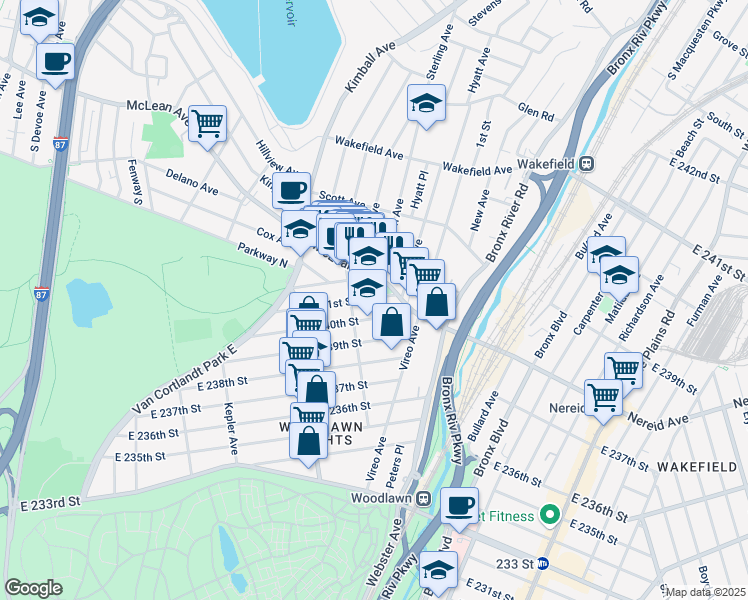 map of restaurants, bars, coffee shops, grocery stores, and more near 260 East 241st Street in Yonkers