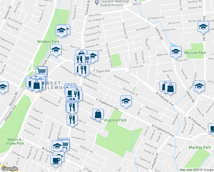 map of restaurants, bars, coffee shops, grocery stores, and more near 109 Shepard Avenue in Teaneck