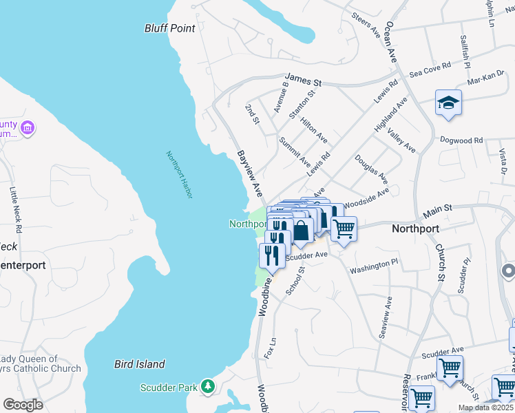 map of restaurants, bars, coffee shops, grocery stores, and more near 63 Bayview Avenue in Northport