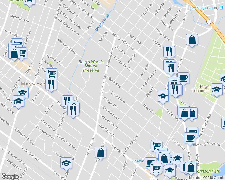 map of restaurants, bars, coffee shops, grocery stores, and more near 310 Euclid Avenue in Hackensack