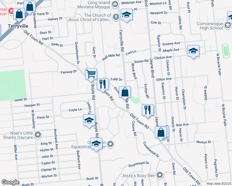 map of restaurants, bars, coffee shops, grocery stores, and more near 10 Orchid Drive in Port Jefferson Station